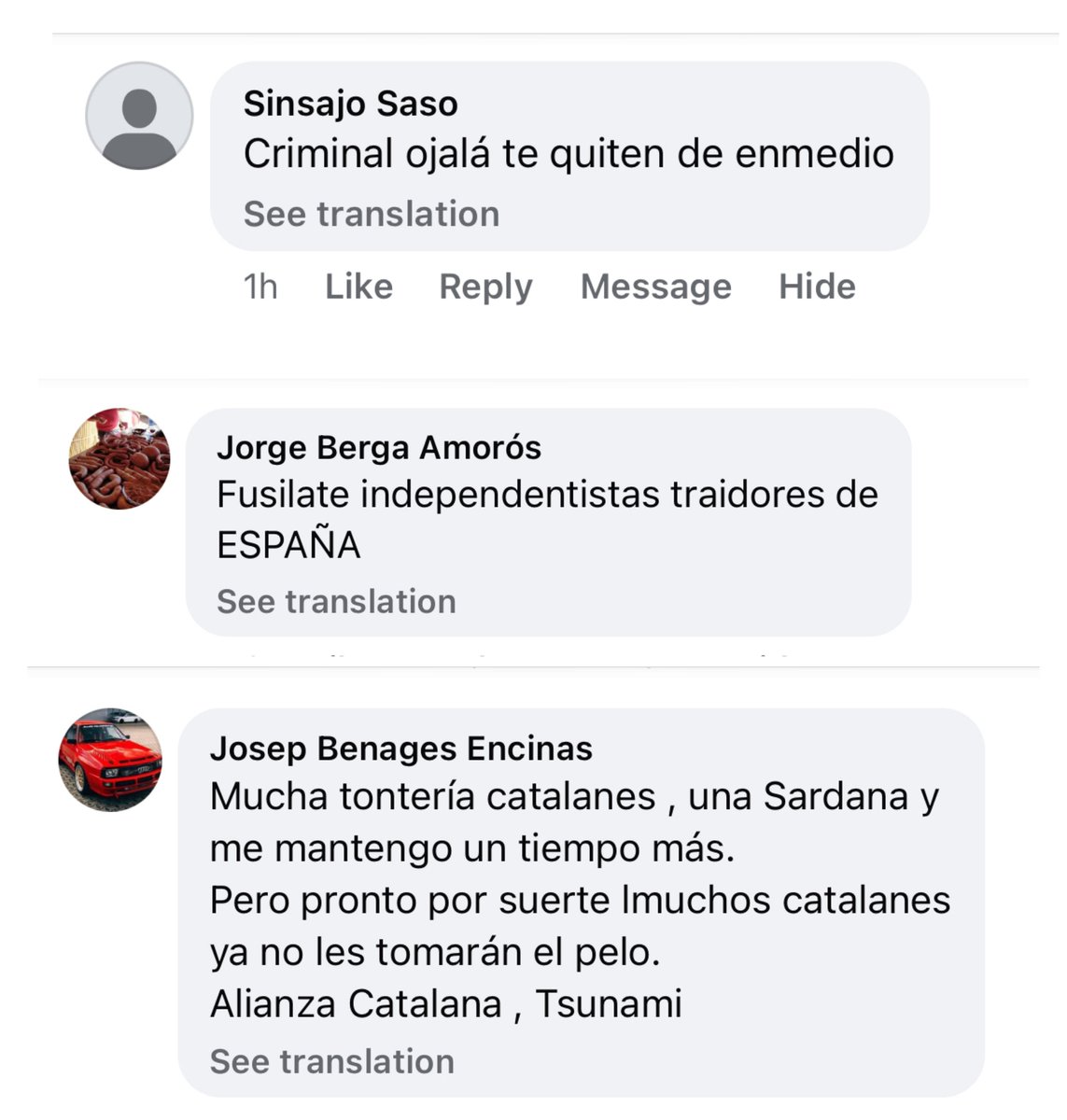 Els comentaris contra el president <a href="/KRLS/">krls.eth / Carles Puigdemont</a> en aquest post de Facebook es divideixen a parts iguals entre espanyols lluint catalanofòbia, amenaces de mort i fans de Vox i d’Aliança criticant-lo amb argumentaris que sembla que comparteixin en grups 🥳 

📎 facebook.com/share/v/174MHo…