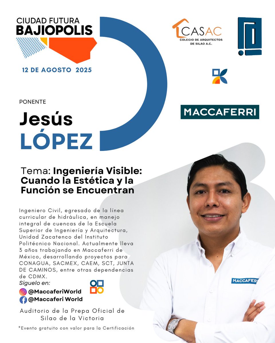 ¿Cómo construir ciudades más humanas?️🚶‍♀️

Maccaferri estará presente en el Foro Bajiópolis: Ciudad Futura 2025 🏙 para compartir soluciones de #IngenieríaCivil en favor de la movilidad, la accesibilidad y la seguridad vial.

🔗 ¡Haz tu registro aquí!
docs.google.com/forms/d/e/1FAI…