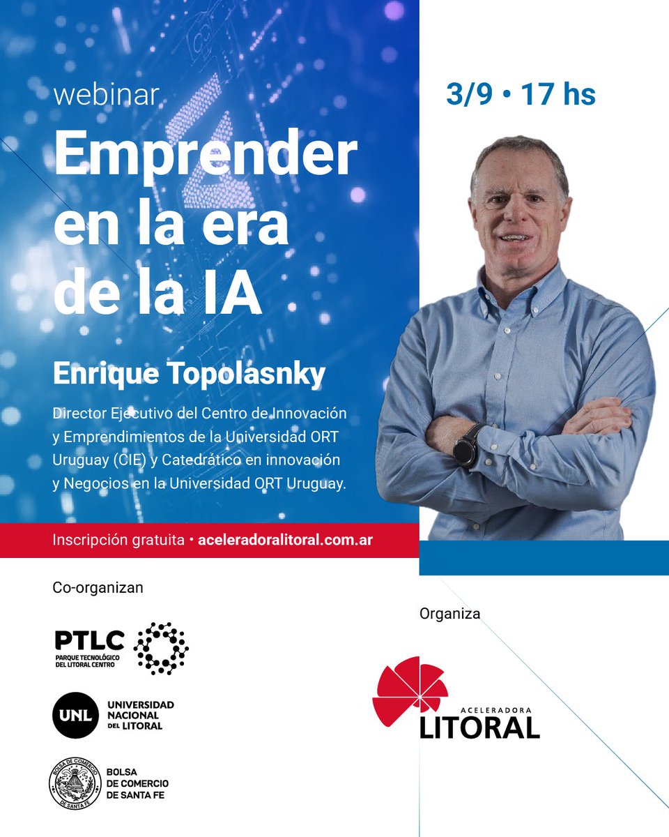 🚀 Emprender en la era de la IA
¿Listos para pensar el futuro?

Junto a, <a href="/UNLitoral/">Universidad del Litoral</a> , <a href="/PTLCSAPEM/">PTLC</a> y <a href="/BCSF_Oficial/">Bolsa de Comercio de Santa Fe</a> invitamos a un encuentro sobre cómo la inteligencia artificial está transformando la forma de emprender, innovar y crear valor. Más info en nuestra web