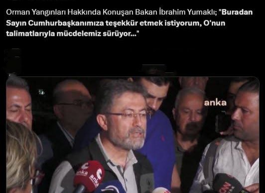 avtugaybek's tweet image. Geçen yaz yaşanan yangınlarda Orman Bakanı; "Buradan Sayın Cumhurbaşkanımıza teşekkür etmek istiyorum, O'nun talimatlarıyla mücadelemiz sürüyor" dedi.
Bakan, kendisini o makama getirene minnetini ifade ederken, rejimin tüm zaafiyetini de itiraf etmiş oldu.