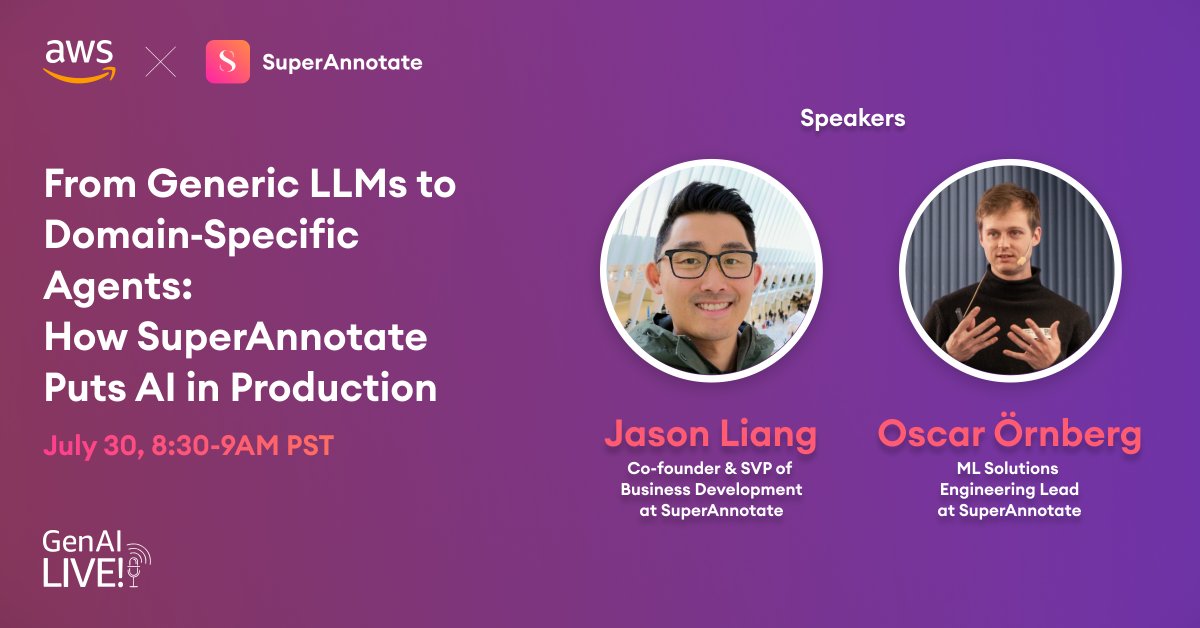 SuperAnnotate (@superannotate) on Twitter photo 🚨 We’re going live on GenAI LIVE! with <a href="/awscloud/">Amazon Web Services</a> !
🗓 July 30 | 🕣 8:30-9:00AM PST
🎙 Speakers: Jason Liang (Co-founder & SVP BizDev) & Oscar Örnberg (ML Solutions Eng. Lead)
💡 From Generic LLMs to Domain-Specific Agents
→ Real-world strategies to ship high-trust, ROI-driven 🚨 We’re going live on GenAI LIVE! with <a href="/awscloud/">Amazon Web Services</a> !
🗓 July 30 | 🕣 8:30-9:00AM PST
🎙 Speakers: Jason Liang (Co-founder & SVP BizDev) & Oscar Örnberg (ML Solutions Eng. Lead)
💡 From Generic LLMs to Domain-Specific Agents
→ Real-world strategies to ship high-trust, ROI-driven