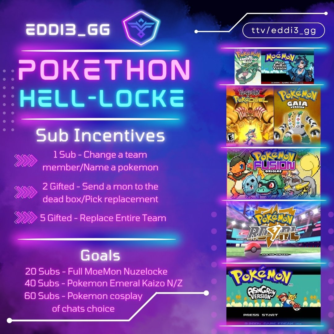 Something I had put off for a bit making and late notice but from Tuesday around 6pm I'll be doing Nuzlocke Subathon on some obscure Pokemon roms with some less than ideal sub goals to reach!

No time limit/time cap, just non stop random pokemon roms!

twitch.tv/eddi3_gg