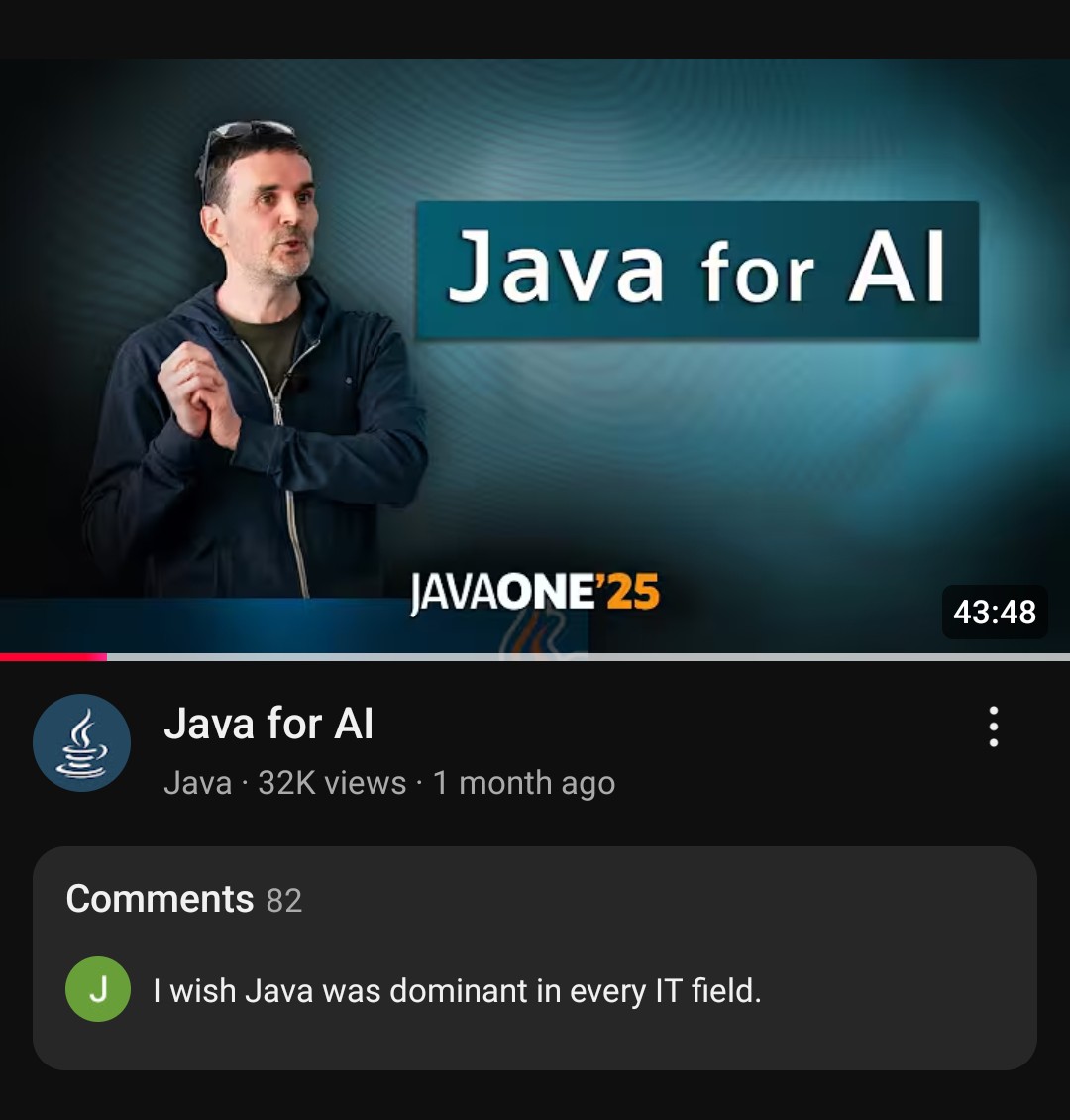 rahulkd_8's tweet image. Java for AI?
Yes,
Because not everything has to be written in 3 lines of Python and break in production 😏🐍
#Java #JavaForAI #JavaVsPython #StrongTypingStrongTyping #EnterpriseEnergy #JavaDeveloper #CoffeeOverSnakes #sorrynotsorry #JavaScript #Python