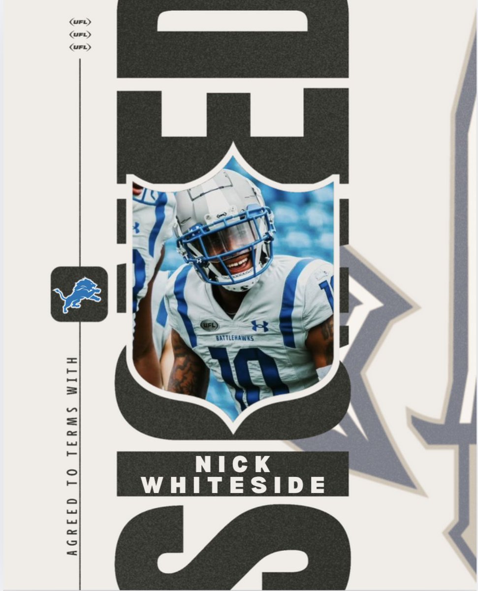#UFL to #NFL: St Louis Battlehawks DB Nick Whiteside is signing with the Detroit Lions 

Whiteside played in all 11 games for the Battlehawks, starting in 6, and had a 71.2 coverage grade per PFF (8th among CBs with minimum 200 coverage snaps)

Whiteside is the first Battlehawks