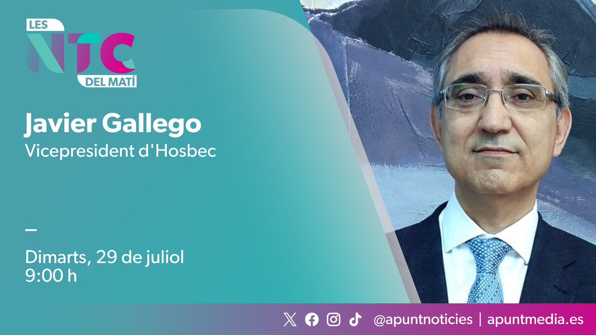 NTCdelMati's tweet image. 🎙️Este dimarts entrevistarem el vicepresident per Castelló de l'Associació Empresarial Hotelera i Turística de la Comunitat Valenciana @HOSBEConline, Javier Gallego.
➡️Amb @julianlarraz, @e_bolland i @VictorMaceda.
⏰ 09:00h
📻 web.apunt.es/RàdioEnDirecte
📺 web.apunt.es/DirecteTV
