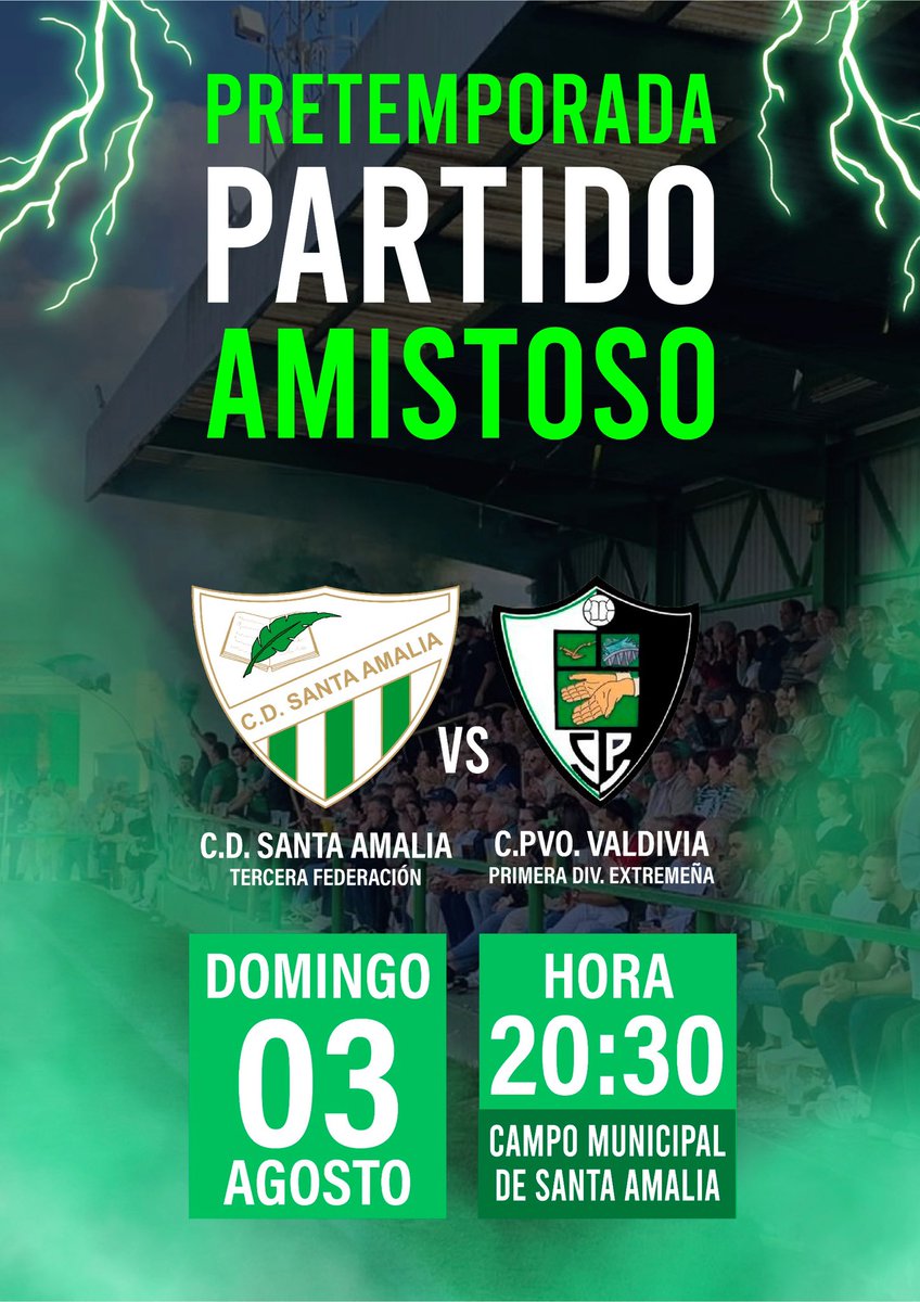 📣PARTIDO DE PRETEMPORADA📣

El próximo domingo 3 de Agosto viene a visitarnos el <a href="/_cpvaldivia/">Club Polideportivo Valdivia</a> en nuestro segundo partido de preparación para la temporada 

🏟️Municipal de Santa Amalia🗓️3 de Agosto 🕢20:30

Entrada general 5€, menores de 16 gratis (presentando DNI)

VAMOS VERDES