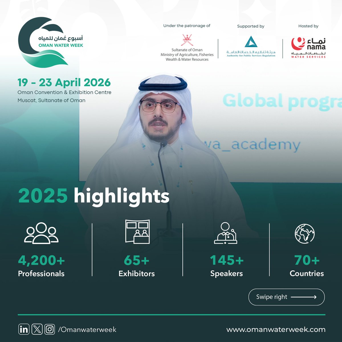 oman_water_week's tweet photo. 🚀 Oman Water Week is Growing  Fast!
From 4,200+ participants in 2025 to over 6,500+ expected in 2026, The 3rd Edition in 2026 is bigger!

Book a stand and Contact us for Floor Plan 
https://t.co/fLUi8R5rRD

For more information visit our website https://t.co/sknR7Lmvuz https://t.co/N3l15FI7U0