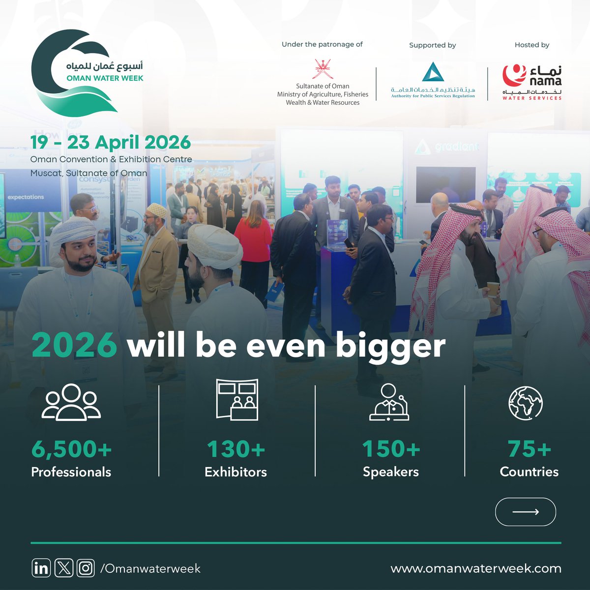 oman_water_week's tweet photo. 🚀 Oman Water Week is Growing  Fast!
From 4,200+ participants in 2025 to over 6,500+ expected in 2026, The 3rd Edition in 2026 is bigger!

Book a stand and Contact us for Floor Plan 
https://t.co/fLUi8R5rRD

For more information visit our website https://t.co/sknR7Lmvuz https://t.co/N3l15FI7U0