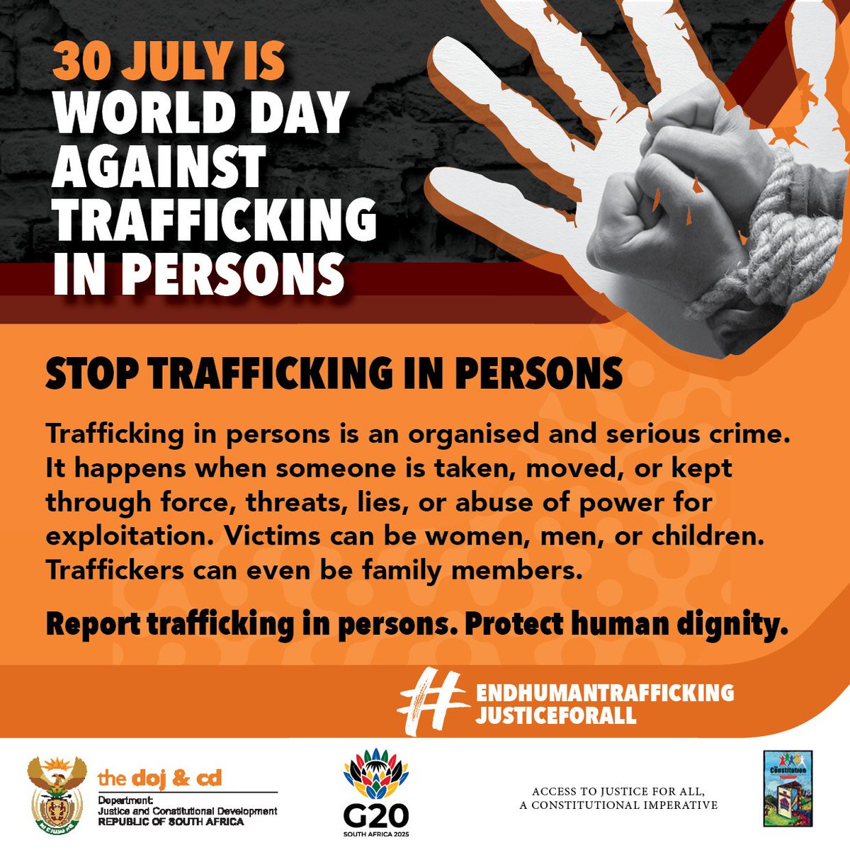 30 July is World Day Against Trafficking in Persons.
Trafficking in persons is a serious crime.
It happens when someone is taken, moved, or kept through force, threats, lies, or abuse of power for exploitation.

#StopTrafficking
#EndHumanTrafficking