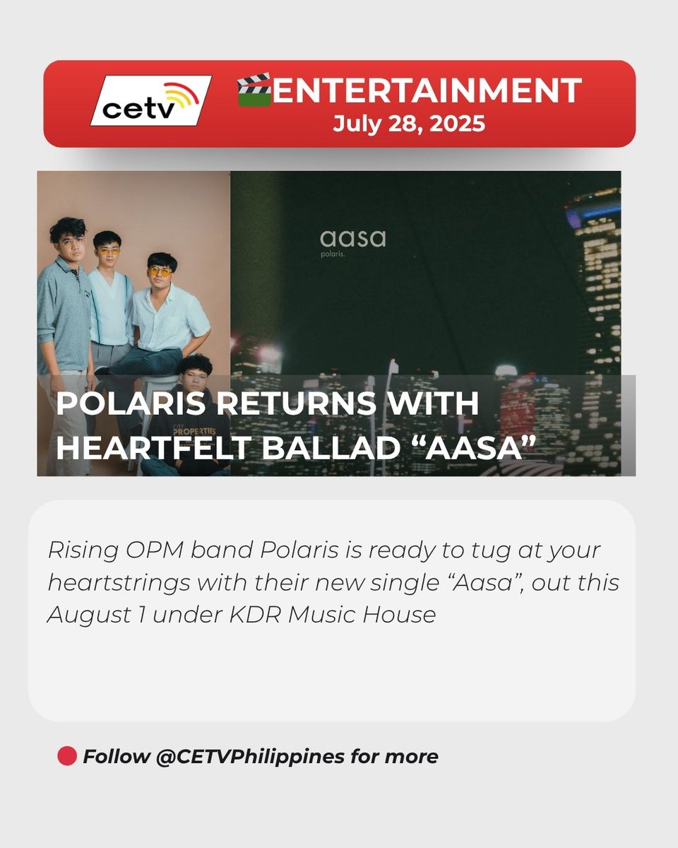 CETV Philippines (@cetvphilippines) on Twitter photo “Aasa” is for the ones who wait. The ones who hope. The ones who love — quietly. 💬
Polaris’ newest single drops August 1 under KDR Music House (<a href="/KDRMusicHouse/">KDR Music House</a>).
Full details on Facebook.
#SeeItOnCETV #MaSEEyaMagingIba #KDRMusicHouse “Aasa” is for the ones who wait. The ones who hope. The ones who love — quietly. 💬
Polaris’ newest single drops August 1 under KDR Music House (<a href="/KDRMusicHouse/">KDR Music House</a>).
Full details on Facebook.
#SeeItOnCETV #MaSEEyaMagingIba #KDRMusicHouse