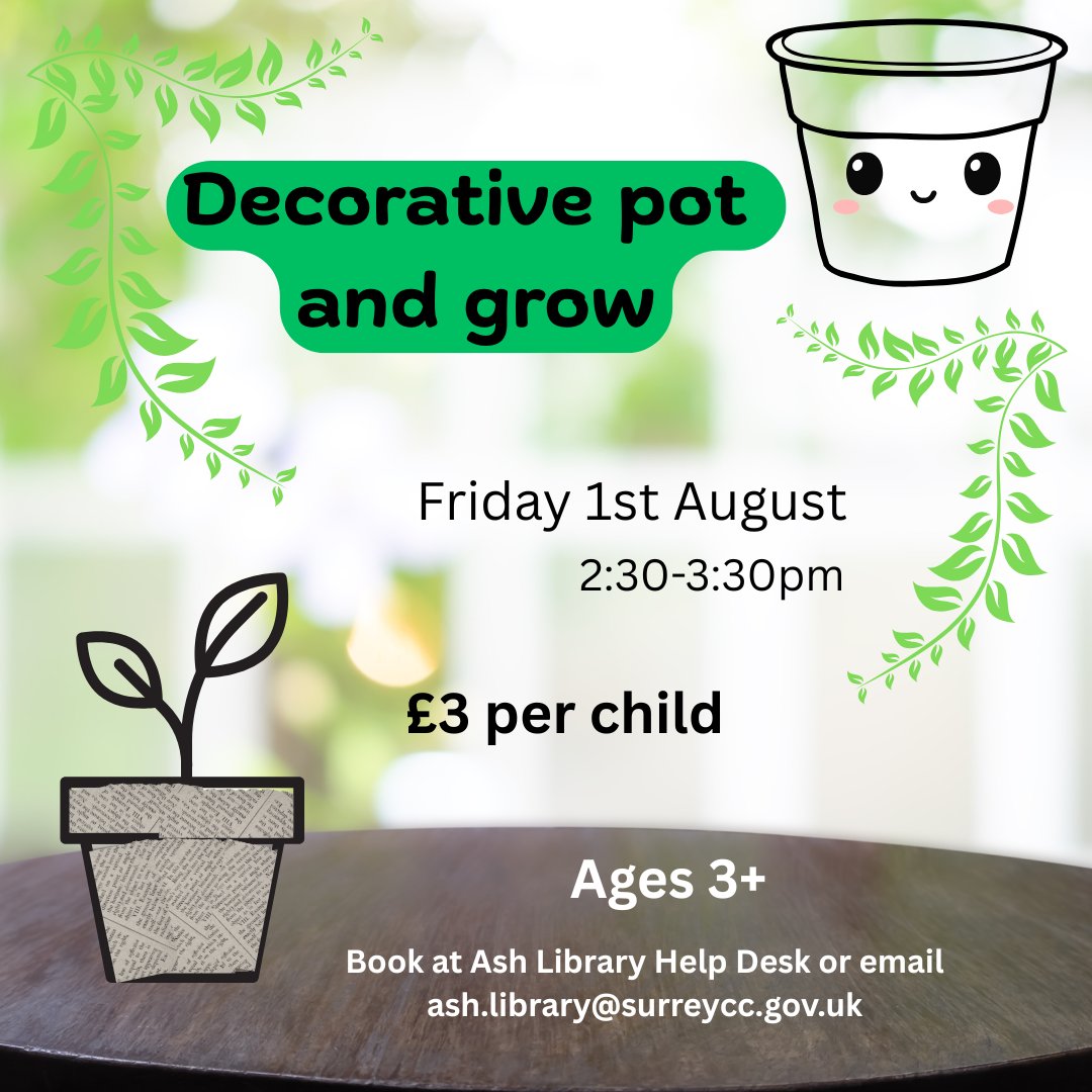 AshLibrary's tweet image. Join us at Ash Library on Friday 1st August at 2:30pm to create a colourful plant pot and sow some seeds! 🌱

Suitable for ages 3+, £3 per child, sign up at the library or email ash.library@surreycc.gov.uk

@SurreyLibraries 

#AshLibrary #Ash #SurreyLibraries #Surrey