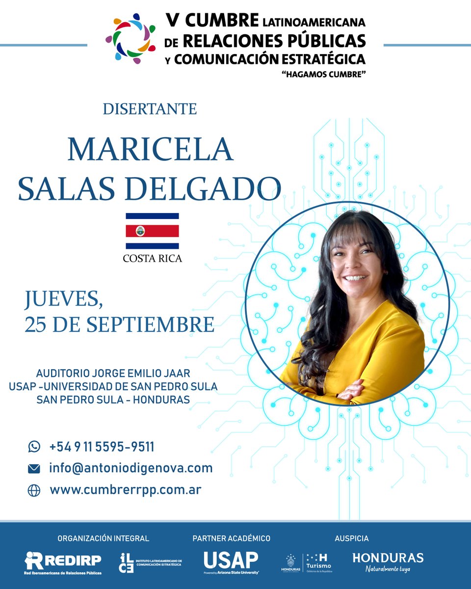 ¡Le damos la bienvenida a la Cumbre como disertante a la estimada Maricela Salas Delgado  de Costa Rica! 

Ingresá a la web de la Cumbre Latinoamericana de Relaciones Públicas y Comunicación Estratégica: 
cumbrerrpp.com.ar/v_cumbre/

#cumbrerrpp
#redirp