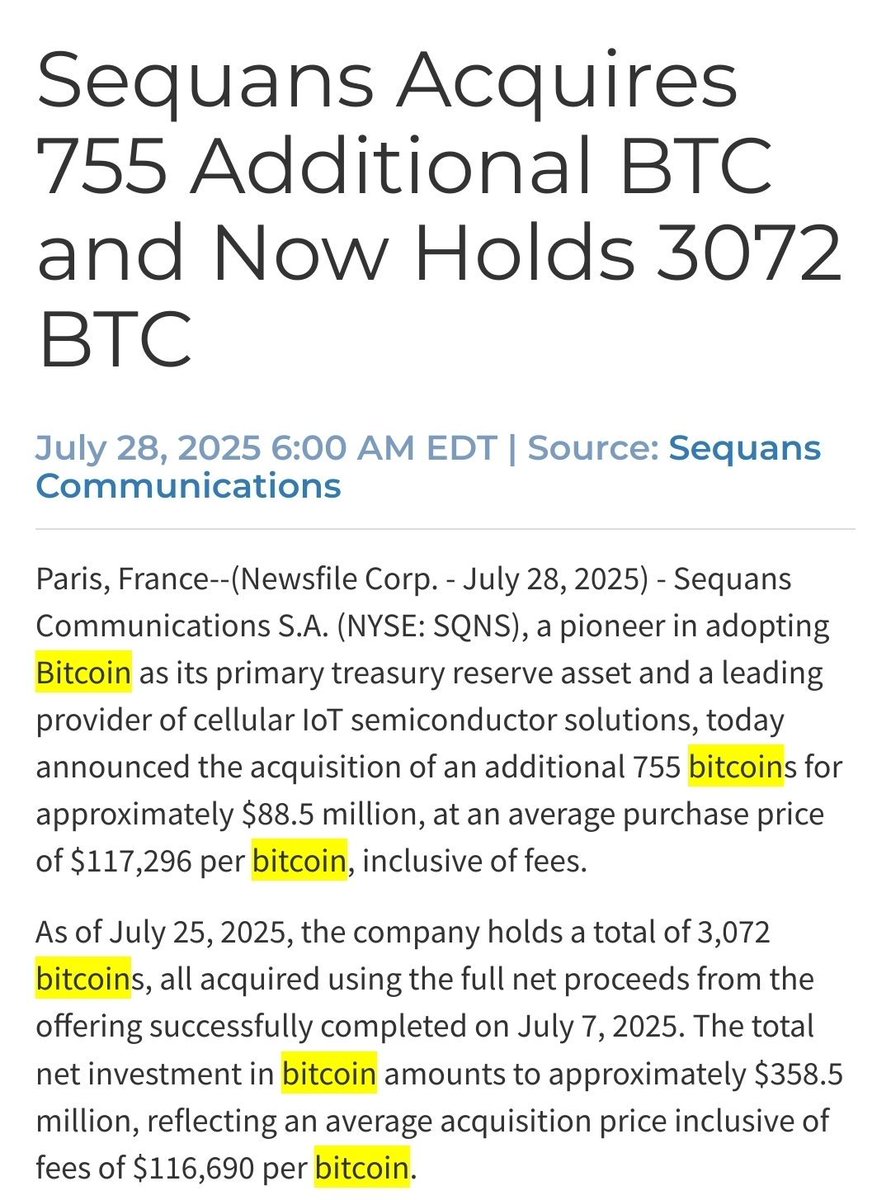 🚨 BREAKING: Sequans Communications aumenta le sue riserve di Bitcoin acquistando 755 monete per 8,85 milioni di dollari