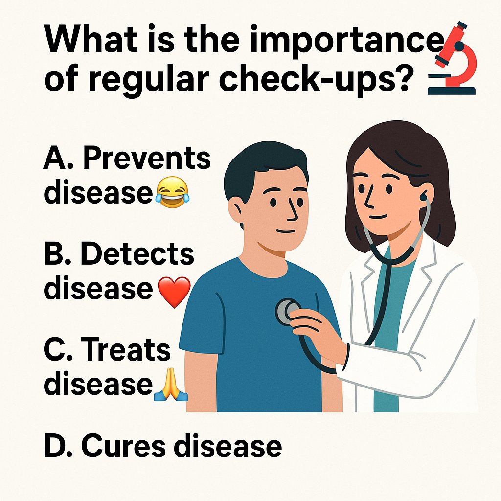 LaughNLearnX's tweet image. What is the primary importance of regular health check-ups?

A) Prevents disease 
B) Detects disease early 
C) Treats disease 
D) Cures disease