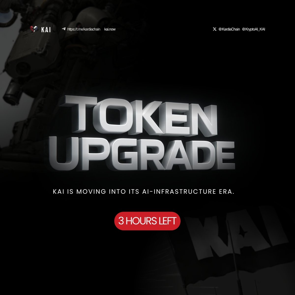 ⏳ 3 Hours Left to Upgrade to KAI 2.0

Time is running out. Today marks the final window to upgrade your legacy $KAI using the current process.

If you're still holding or staking on the old network — this is your last chance before the new upgrade path kicks in.

Follow the