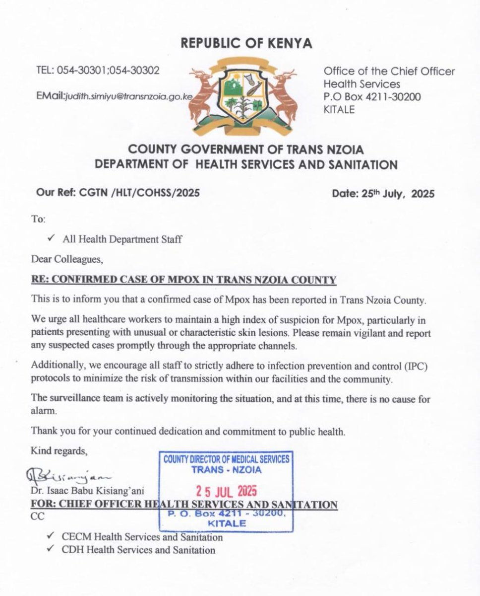 Monkey Pox has been reported in Kitale Transnzoia County