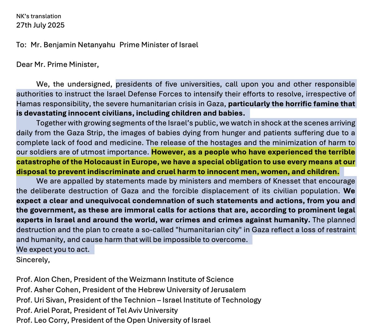 1/n 
Presidents of 5 Universities in Israel call on government to take action against famine in Gaza, mention the holocaust as an obligation to prevent indiscriminate harm to innocents, use the term  'crimes against humanity'.  
Lt - original text
Rt - my translation to English