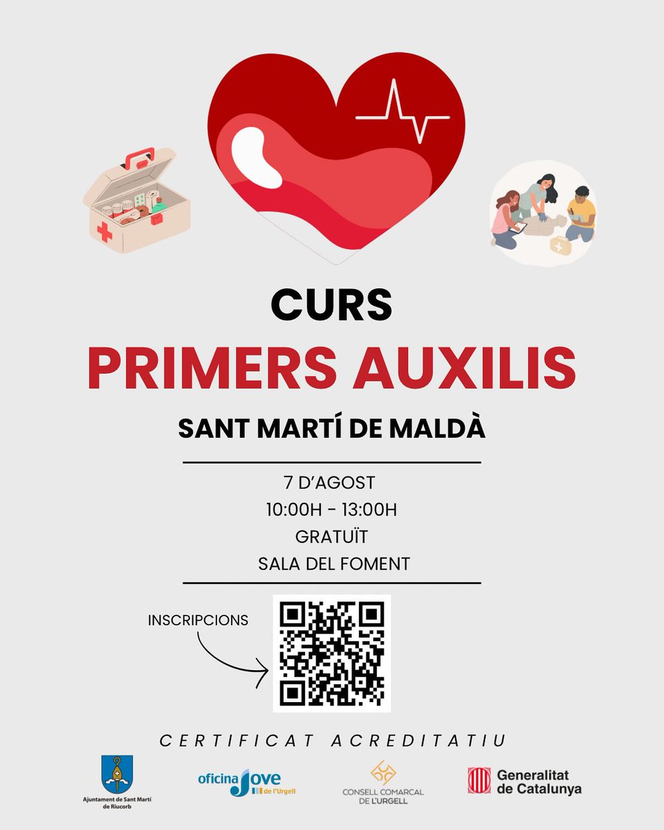🩺 3r CURS DE PRIMERS AUXILIS
Aprèn a actuar en situacions d’emergència!
📍 SANT MARTÍ DE MALDÀ
🗓️ 7 d’agost, 10:00h - 13:00h
📌 Sala del Foment
👩‍⚕️ Continguts pràctics i teòrics impartits per @alinscentreformacio
🎓 Per a joves de 12 a 35 anys. 
🔗 Places limitades!