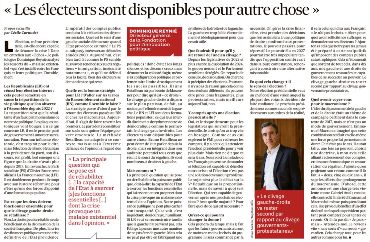 mclucal's tweet image. Du côté de la @Fondapol (@DominiqueReynie), laboratoire d’idées très à droite, l’existence d’élections devient problématique en France car le temps de « l’alternance » entre gauche et droite « de gouvernement » est fini. 🙃