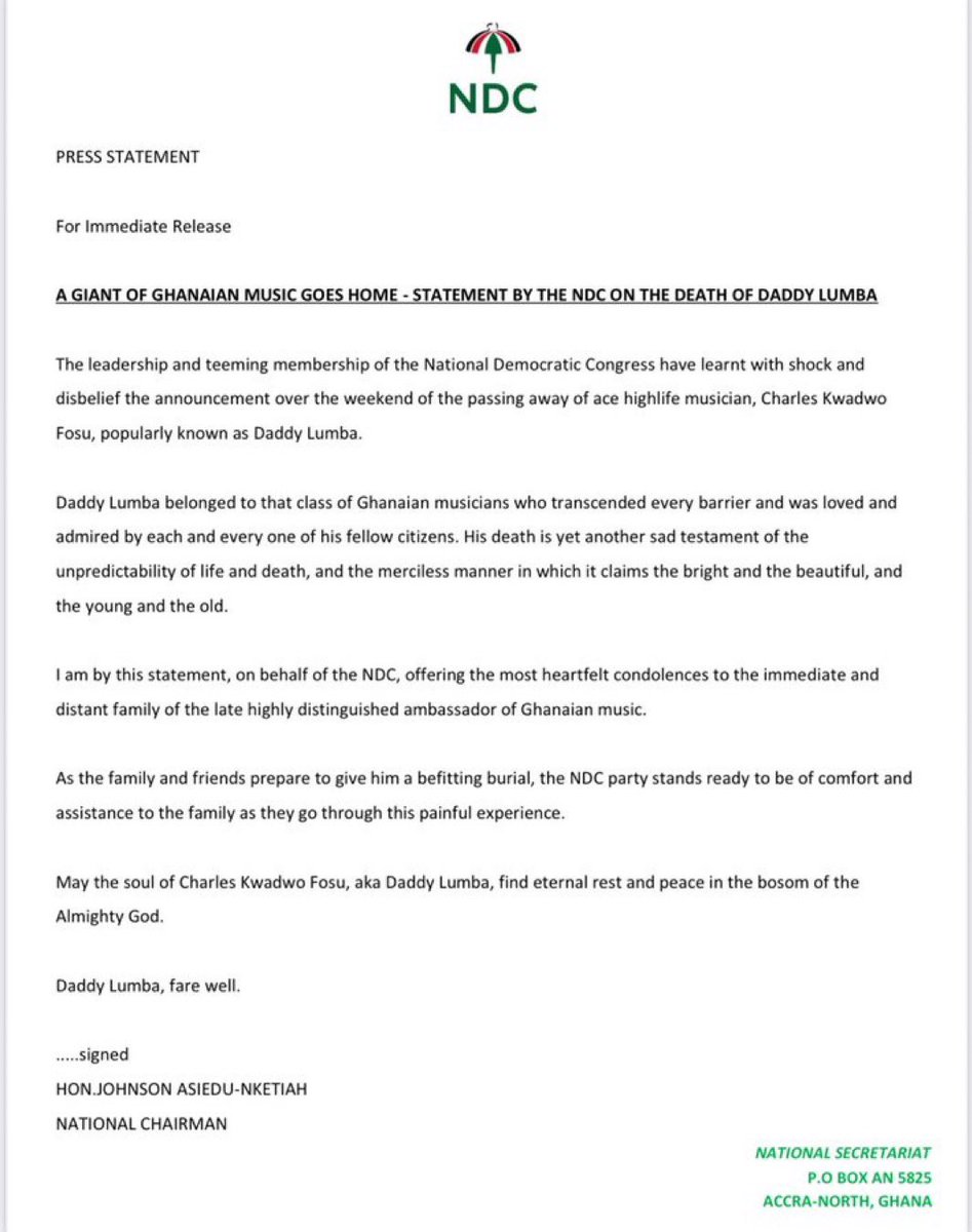 TG_DERY's tweet image. A GIANT OF GHANAIAN MUSIC GOES HOME - STATEMENT BY THE NDC ON THE DEATH OF DADDY LUMBA