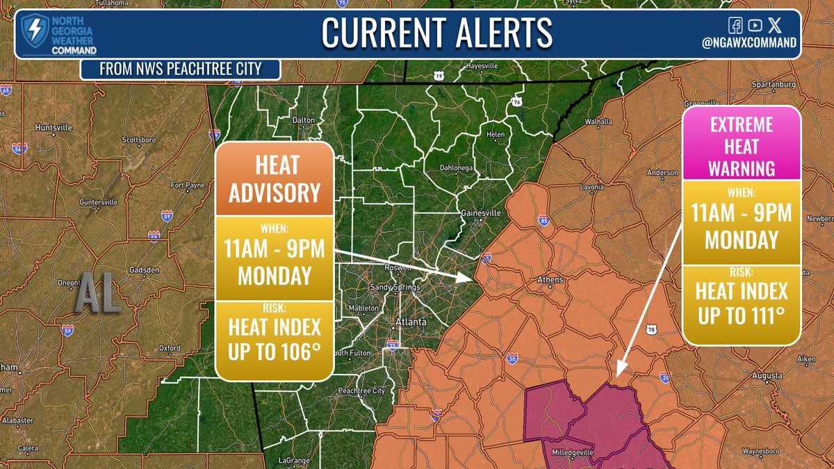 NGAWXCommand's tweet image. PATTERN CHANGE:
Heat Advisory (11AM–9PM) for East GA & Excessive Heat Warning for SE GA—heat index 100°+. Downbursts w/ 40–50 mph winds possible Tue/Wed. Cooler temps & 1–2” rain arrive by Thursday as a cold front moves in. Stay safe in the extreme heat! #gawx #Atanta #Georgia