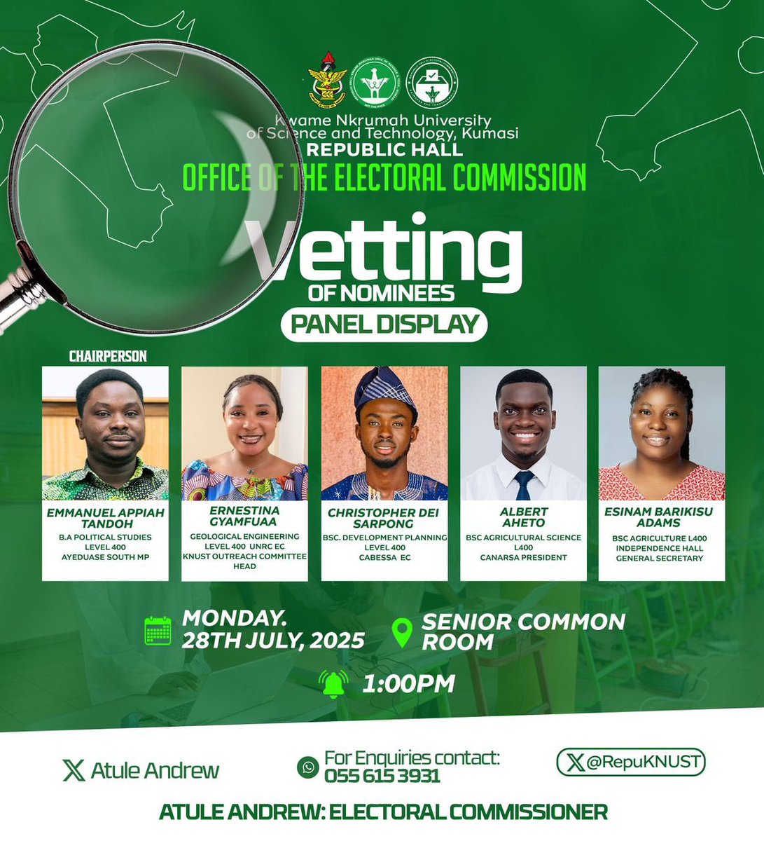 RepuKNUST's tweet image. 🟢⚪️Join us for a transparent and engaging vetting session featuring top student leaders from across campus.
Come and see our nominees answer tough questions and share their plans for the Hall.
Let’s hold our future leaders to high standards!
#REPUDECIDES 25’
#RepuKNUST