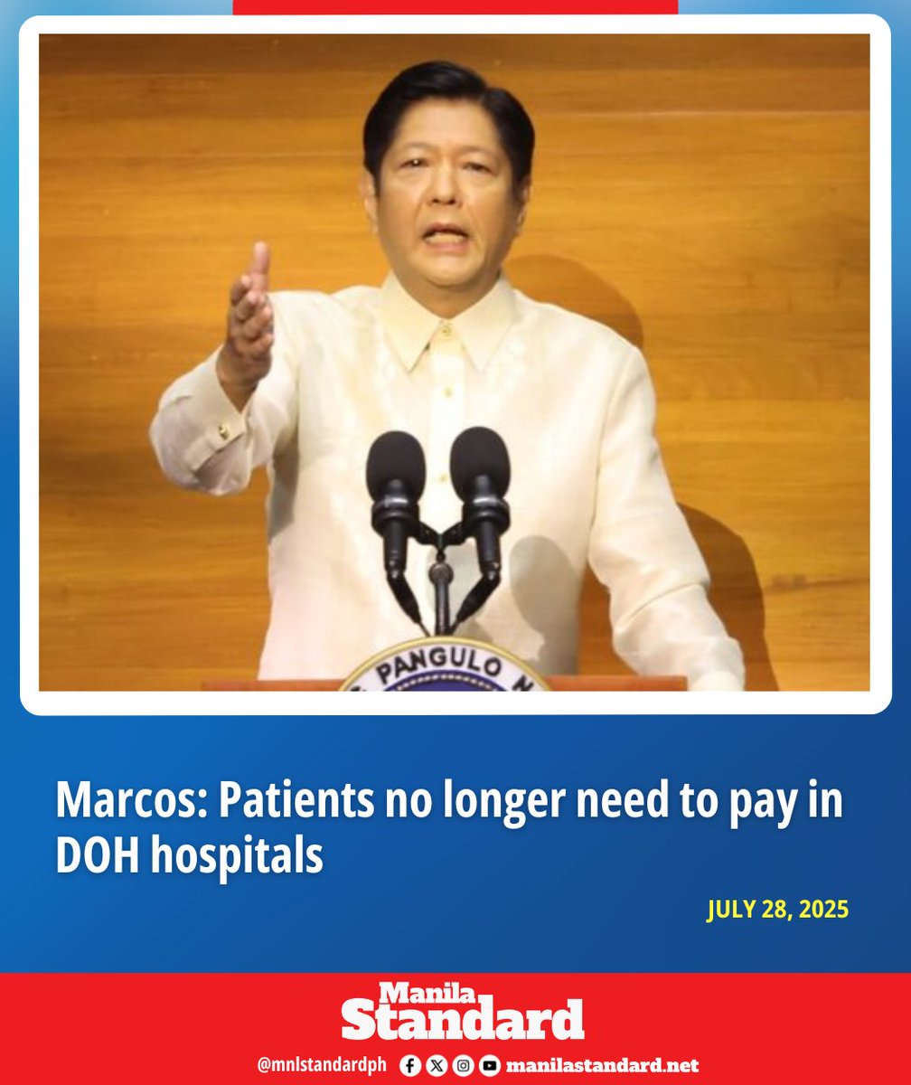 mnlstandardph's tweet image. “Let me repeat: patients no longer have to pay anything as long as they are in a DOH hospital because their bill is already covered,&quot; President Ferdinand Marcos Jr. said during his 4th SONA on Monday (July 28).

READ: manilastandard.net/news/314622469…