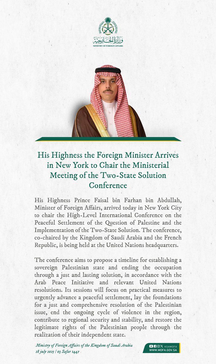 Foreign Ministry 🇸🇦 (@ksamofaen) on Twitter photo #NewYork | Foreign Minister HH Prince <a href="/FaisalbinFarhan/">فيصل بن فرحان</a> arrives in New York to chair the High-Level International Conference on the Peaceful Settlement of the Question of Palestine and the Implementation of the Two-State Solution. #NewYork | Foreign Minister HH Prince <a href="/FaisalbinFarhan/">فيصل بن فرحان</a> arrives in New York to chair the High-Level International Conference on the Peaceful Settlement of the Question of Palestine and the Implementation of the Two-State Solution.