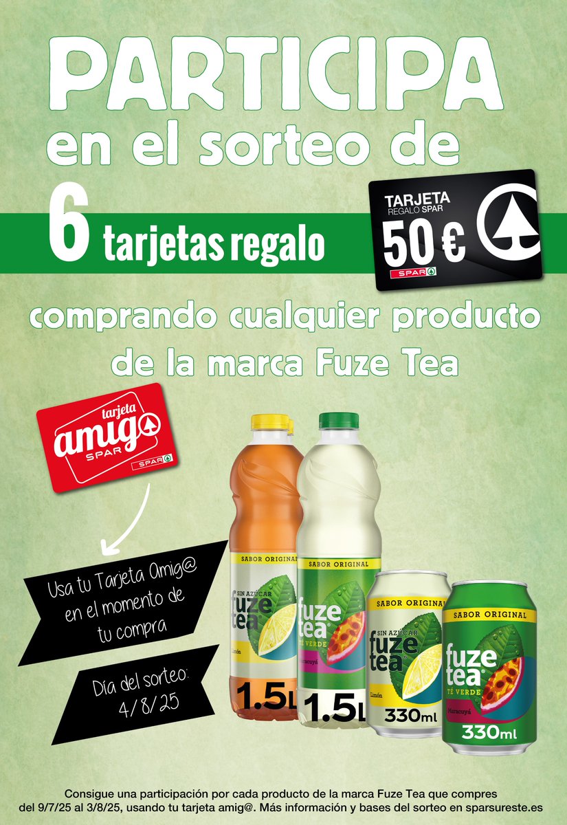 Sorteamos 6 TARJETAS REGALO de 50 € con <a href="/FuzeTea/">FUZE TEA</a>  🤩. ¿Quieres ser uno de los ganadores?

👉 Compra cualquier producto Fuze Tea en nuestros supermercados hasta el 03/07
👉 Pasa tu Tarjeta Amig@ y entra en el sorteo

🔗 Más info y bases legales en sparsureste.es