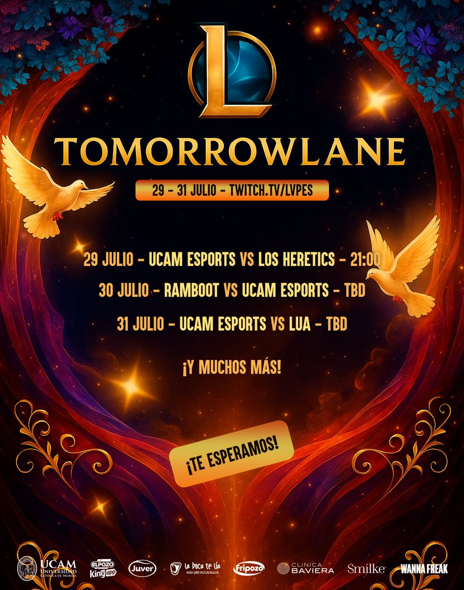 UCAM Esports (@ucam_esports) on Twitter photo TOMORROWLANE 🎸
¡Semana decisiva! Los horarios de las últimas actuaciones se conocerán tras finalizar la jornada de mañana.
📆 Martes vs <a href="/TeamHeretics/">Team Heretics</a> - 21h
📆 Miércoles vs <a href="/RambootClub/">Ramboot Club</a> - TBD
📆 Jueves vs <a href="/LUAGaming_/">LUA Gaming</a> - TBD
📺 twitch.tv/LVPes | twitch.tv/Mahriaa | TOMORROWLANE 🎸
¡Semana decisiva! Los horarios de las últimas actuaciones se conocerán tras finalizar la jornada de mañana.
📆 Martes vs <a href="/TeamHeretics/">Team Heretics</a> - 21h
📆 Miércoles vs <a href="/RambootClub/">Ramboot Club</a> - TBD
📆 Jueves vs <a href="/LUAGaming_/">LUA Gaming</a> - TBD
📺 twitch.tv/LVPes | twitch.tv/Mahriaa |
