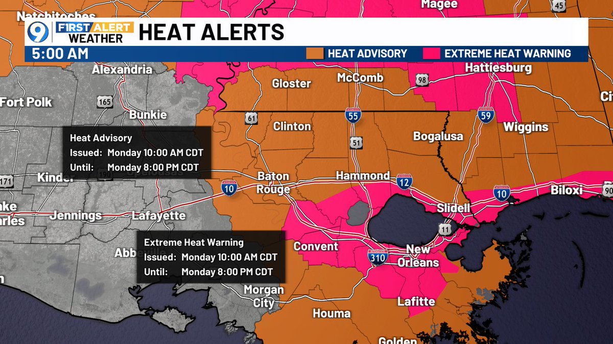 Hot, Hot, Hot....Heat advisories and warnings today, and most likely Tuesday too!  Forecast highs in the mid/upper 90s today, heat index up to 110. wafb.com/?utm_medium=so…
