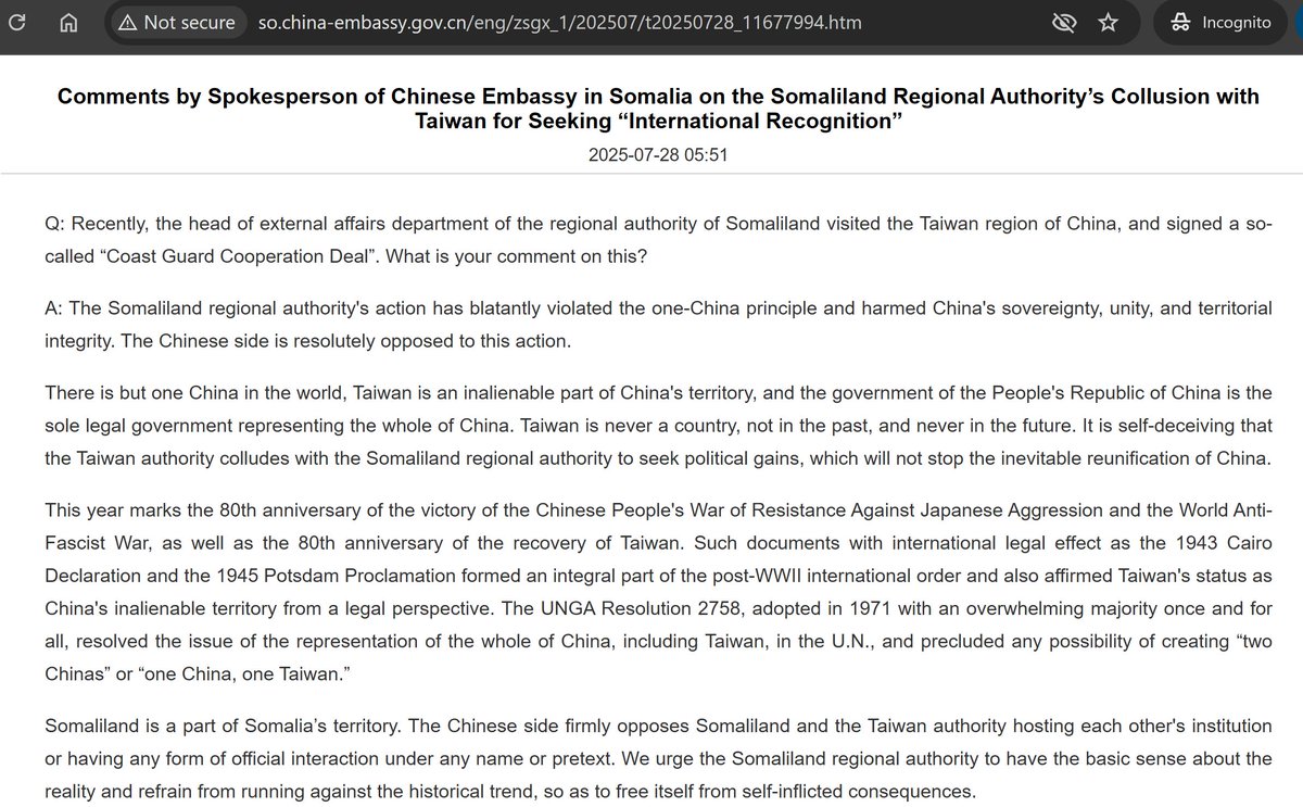 RossFeingold's tweet image. #Taiwan: #China's embassy in #Somalia criticizes #Somaliland-Taiwan interactions that "blatantly violated the one-China principle and harmed China's sovereignty, unity, and territorial integrity".
(Won't change Taiwan's aid to Somaliland)
so.china-embassy.gov.cn/eng/zsgx_1/202…
