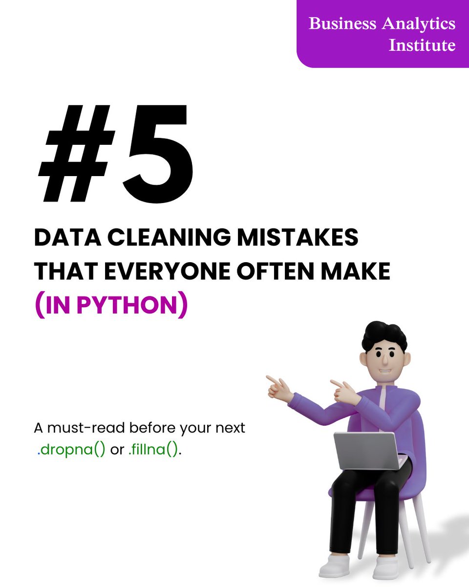 b_analyticsinst's tweet image. Data cleaning in Python? Part 1
Avoid these 5 silent killers:
1.Blind .dropna()
2.Treating 0 as NaN
3.Hardcoded logic
4.Format errors
5.No tracking
📌 Save this if you work with #pandas or #DataScience
#Python #DataCleaning #ML #Analytics