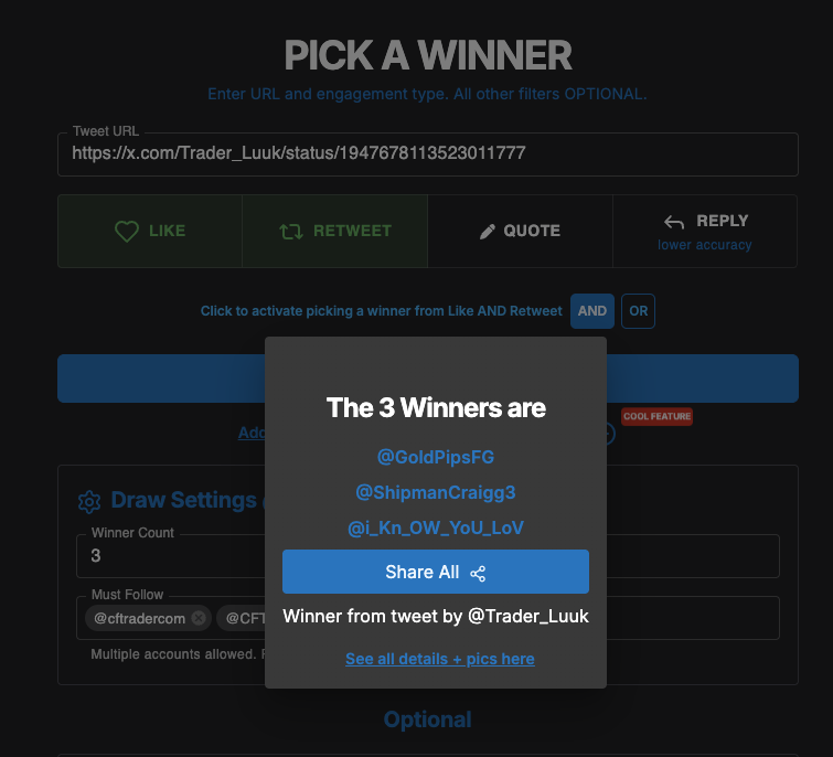 Luuk (@trader_luuk) on Twitter photo <a href="/CFTradercom/">Crypto Fund Trader</a> <a href="/CFTradercomES/">Crypto Fund Trader Español</a> The winners are:
<a href="/GoldPipsFG/">GoldpipsFG</a>
<a href="/ShipmanCraigg3/">VR</a>
<a href="/i_Kn_OW_YoU_LoV/">i kow</a>
Congrats! Please send me a DM to claim your free challenge! <a href="/CFTradercom/">Crypto Fund Trader</a> <a href="/CFTradercomES/">Crypto Fund Trader Español</a> The winners are:
<a href="/GoldPipsFG/">GoldpipsFG</a>
<a href="/ShipmanCraigg3/">VR</a>
<a href="/i_Kn_OW_YoU_LoV/">i kow</a>
Congrats! Please send me a DM to claim your free challenge!