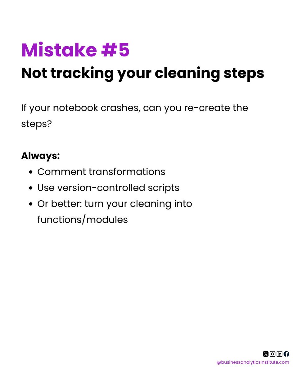 b_analyticsinst's tweet image. Data cleaning in Python? Part 2
Avoid these 5 silent killers:
1.Blind .dropna()
2.Treating 0 as NaN
3.Hardcoded logic
4.Format errors
5.No tracking
📌 Save this if you work with #python or #DataScience
#Python #DataCleaning #ML #Analytics