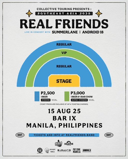 #wts lfb Real Friends is coming Southeast Asia Tour in Manila. 
2 VIP tickets 
4 Regular tickets 

Best view 
Side by side 
Local/international fans can dm
Line line.me/ti/p/9gV95suCEc

#RealFriendsSEA2025 #CollectiveTouring #PopPunkAlive
