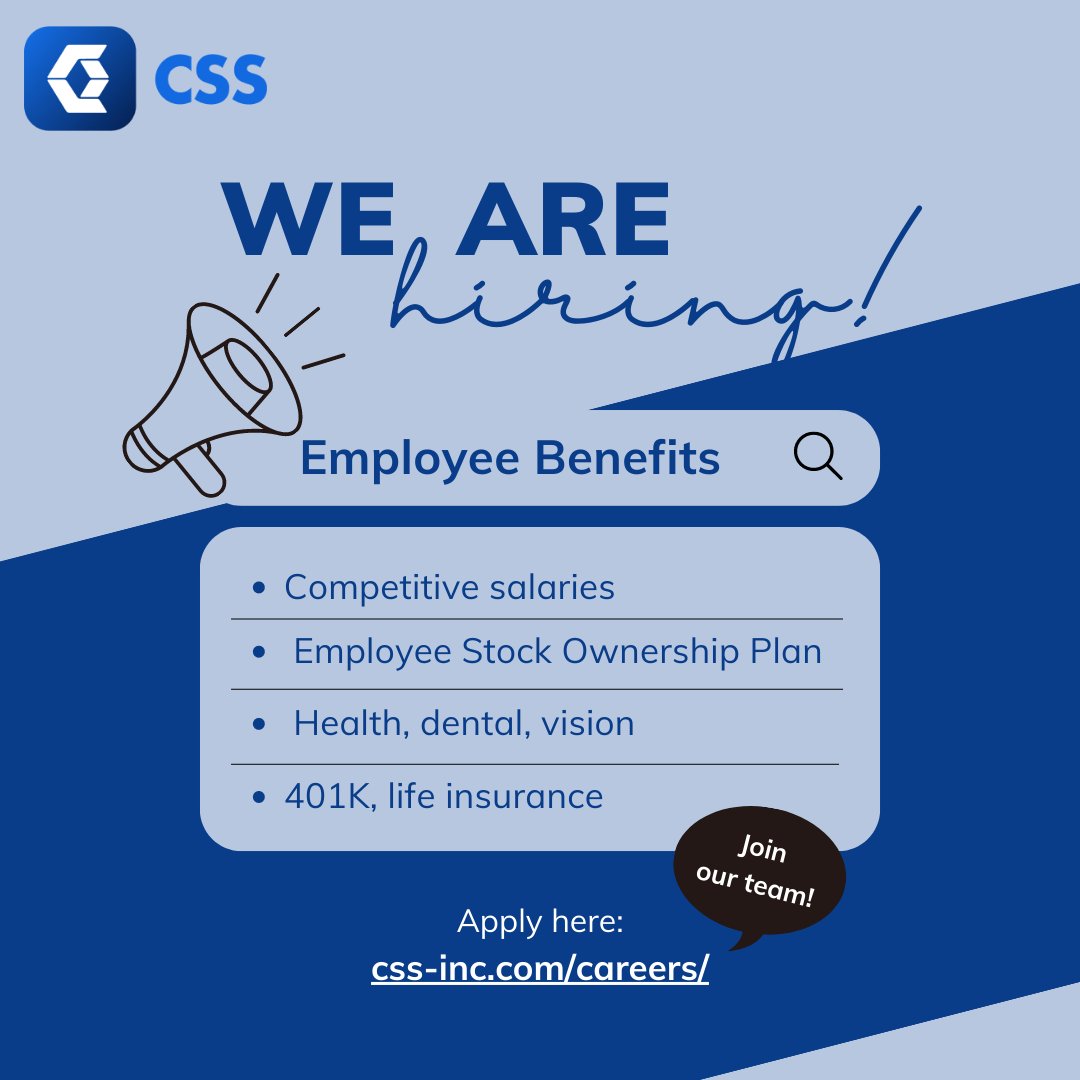 Join our team! We’re hiring for several positions in various locations around the country. We offer competitive salaries and benefits. View all positions and apply here: cssinc.isolvedhire.com/jobs/ #NowHiring #ApplyHere #JoinOurTeam