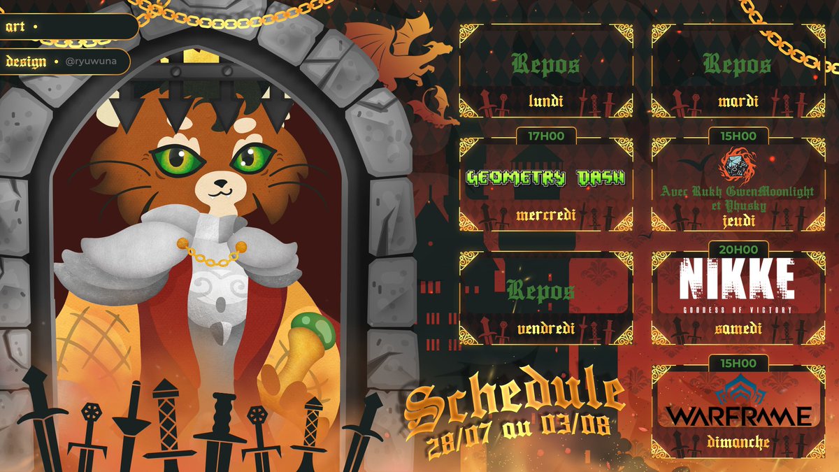 SeigneurEXZOR's tweet image. Salutation à tous !
Voici le planning de la semaine =^w^=
On se retrouve Mercredi pour du Geomtry dash !
Jeudi collab JDR avec @CaptainRukh @CaelisVT et @yhusky_kun ! A 15h
Samedi : Tier list + Nikke
Dimanche : Warframe !
Des bisous à tous !