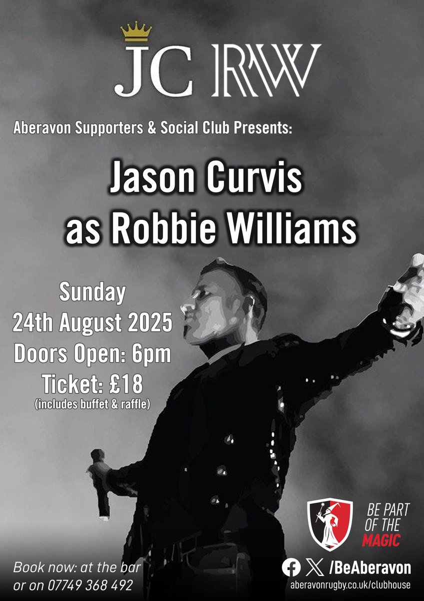 BeAberavon's tweet photo. โจ ๐ฉ๐๐๐ ๐ฏ๐๐๐๐
๐๐ ๐พ๐๐๐๐๐๐
๐ถ
We have limited tickets available for August Bank Holiday Sunday when @JasonCurvis brings us his Robbie Williams Tribute ๐จ๐ปโ๐ค
Grab yours now - behind the bar during opening hours or on ๐ฒ 07749 368 492 ๐๏ธ
#BePartOfTheMagic โค๏ธ๐ค https://t.co/ONzvixVyH6