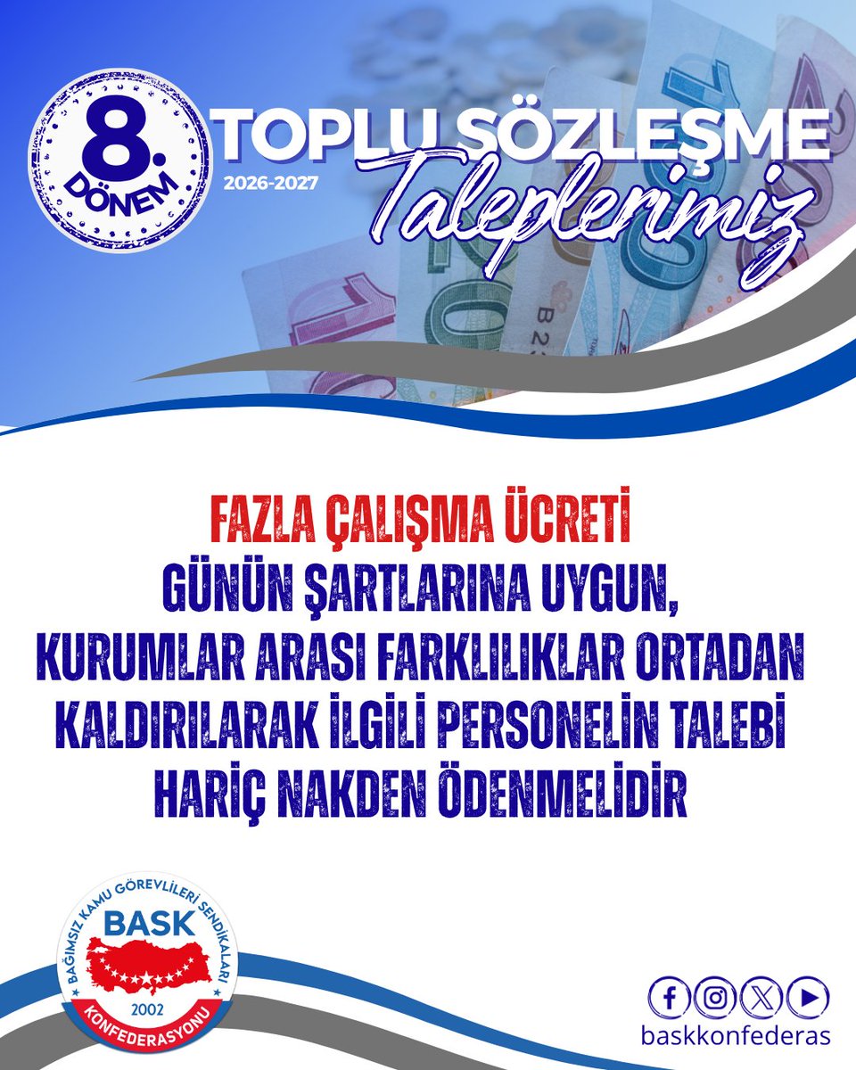 Fazla çalışma ücreti günün şartlarına uygun, kurumlar arası farklılıklar ortadan kaldırılarak ilgili personelin talebi hariç nakden ödenmelidir

#TopluSözleşme
#FazlaÇalışmaÜcreti