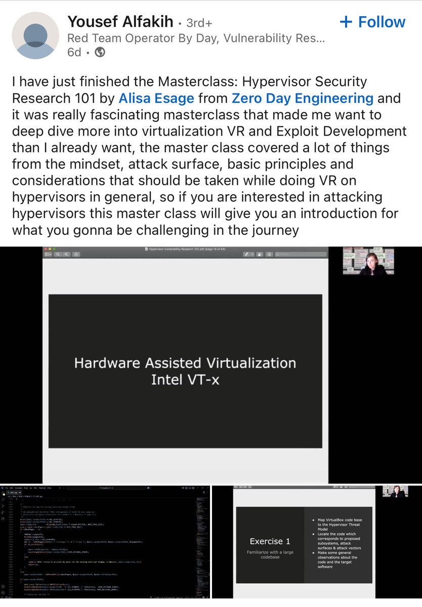 Zero Day Engineering (@zerodaytraining) on Twitter photo "If you are interested in attacking hypervisors, this master class will give you an introduction for what gonna be challenging in the journey" - Yousef Alfakih, Red Team Operator & Vulnerability Researcher
Masterclasses: zerodayengineering.com/training/maste…
Training: zerodayengineering.com/training/hyper… "If you are interested in attacking hypervisors, this master class will give you an introduction for what gonna be challenging in the journey" - Yousef Alfakih, Red Team Operator & Vulnerability Researcher
Masterclasses: zerodayengineering.com/training/maste…
Training: zerodayengineering.com/training/hyper…
