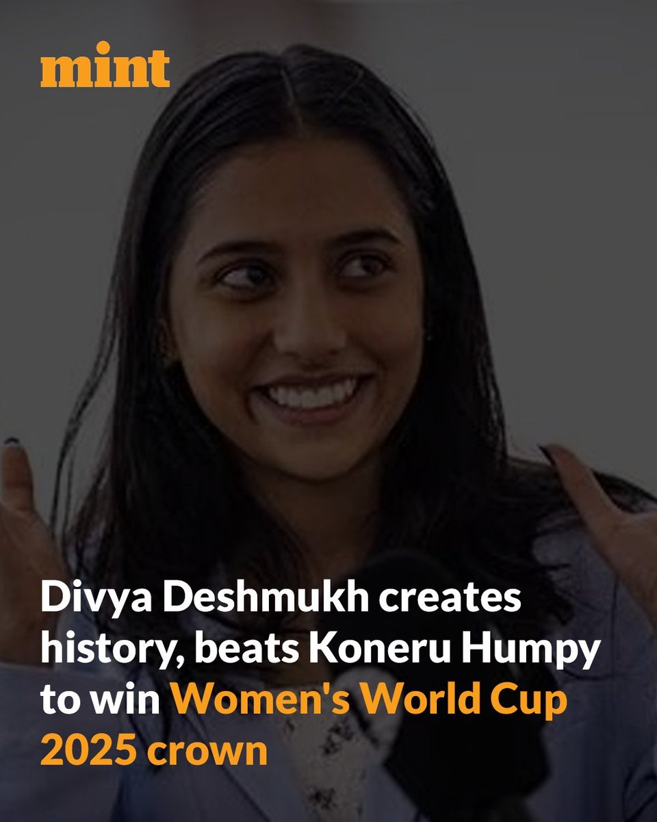 livemint's tweet photo. India's 19-year-old chess player Divya Deshmukh won FIDE Women's World Cup 2025 as she defeated fellow Indian Koneru Humpy and becomes Grandmaster in process.

Read to know more 👇
https://t.co/ZTWVxoI6Gv https://t.co/xNkRQcnamq
