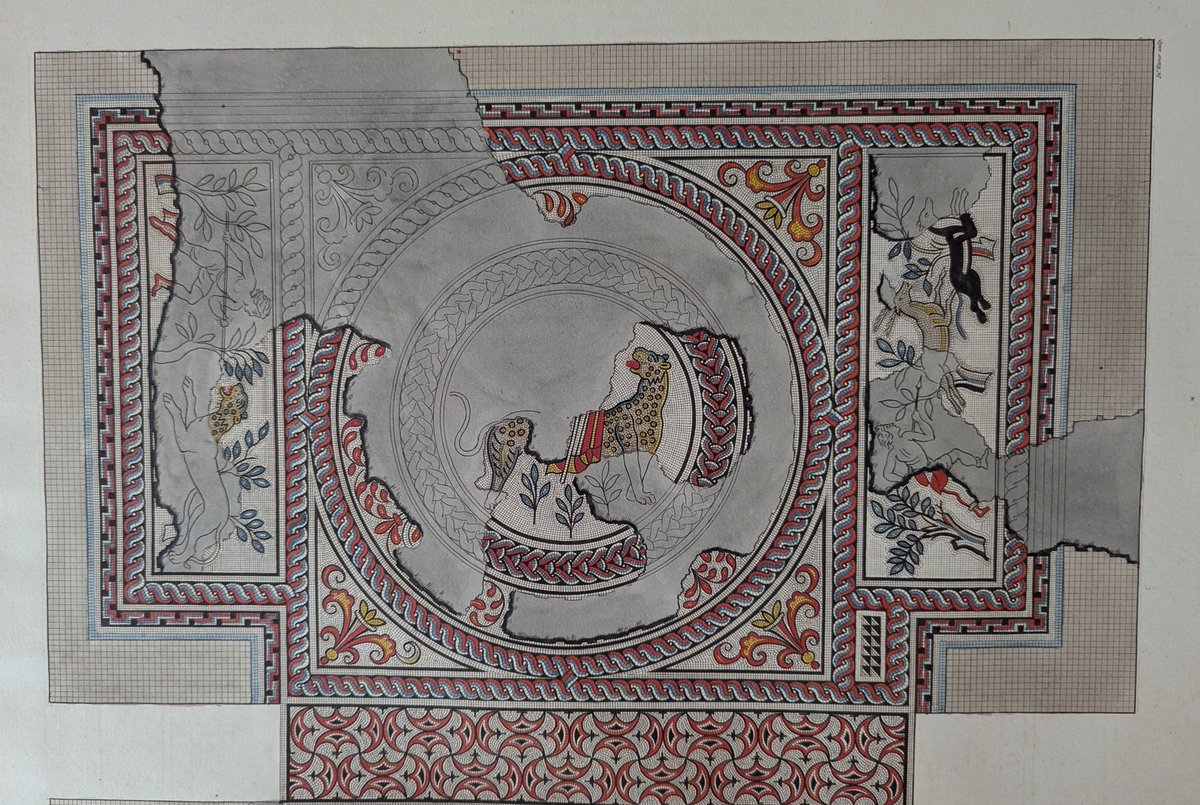 Following previous posts, this #MosaicMonday shows the two hunting scenes from the mosaic in Room B at Frampton in context. They flank the figure of Bacchus which is mostly lost. He is seated on a leopard. The ends of his cloak and thyrsus are visible. 1/2