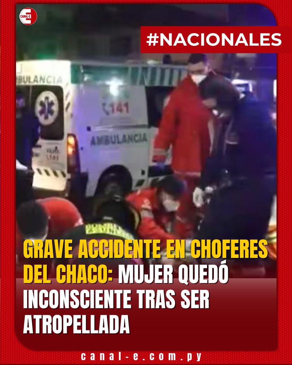 canal_e_py's tweet image. #Nacionales 🚨 Una mujer quedó inconsciente tras ser atropellada en la Avda. Choferes del Chaco, durante la madrugada.
La víctima, Cinthia Elizabeth Flores (37), fue embestida por un automóvil cuando, según testigos, estaba parada en medio de la avenida. El conductor alegó que…