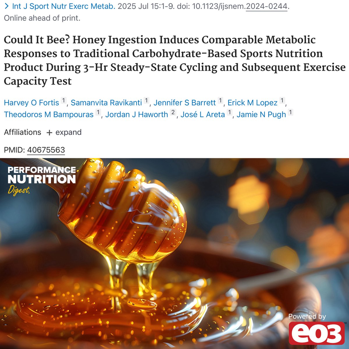 Honey is comparable to energy gels during endurance exercise 🍯 

This new study recruited 12 trained males to complete 2 x exercise tests whilst consuming 90 g/hr…

🍯 Honey

🍫 Gels (SIS Beta-Fuel)

The endurance exercise tests consisted of…

180 min of steady-state cycling