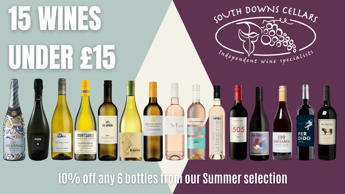 15 #Wines under £15
Get 10% OFF Any 6 of the following wines using code 15UNDER15 at checkout online

15 Under £15 Mixed Selection
Having trouble choosing, why not take one bottle of each of the above 15 wines, normally £190.80
Buy Now for £165 
southdownscellars.co.uk/15under15