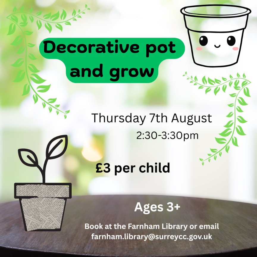FarnhamLibrary's tweet image. Join us at #FarnhamLibrary on Thursday 7th August at 2:30pm to create a colourful plant pot and sow some seeds! 🌱

Suitable for ages 3+, £3 per child, sign up at the library or email farnham.library@surreycc.gov.uk

@SurreyLibraries @FarnhamCraft 

#SurreyLibraries