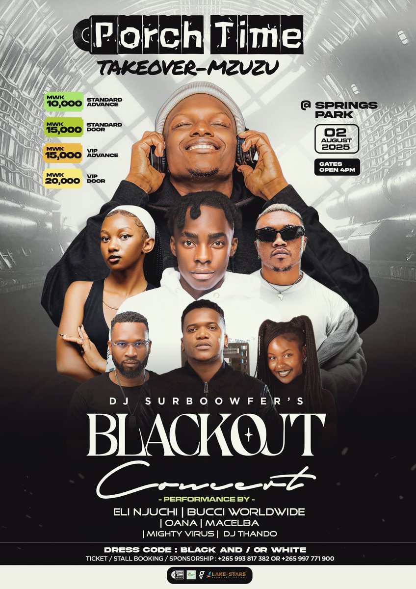 RNB_GOD's tweet image. Porch time records has organized a massive show happening this weekend in Mzuzu at Springs park.
Artists to perform
Eli Njuchi
Macelba
Bucci
Oana
On the decks
Dj surboowfer
Mighty virus
Dj Thando
Standard ticket 10k
VIP 15k
#porchtimetakeover
#blackoutconcert