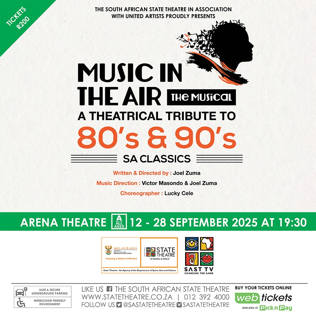 🎶 MUSIC IN THE AIR – THE MUSICAL
A vibrant tribute to 80s &amp; 90s SA classics 🇿🇦
Feel the rhythm. Relive the era.

📍 Arena Theatre
📅 12–28 Sept 2025 | ⏰ 19:30
🎟️ R200 via Webtickets
#SAST #MusicInTheAir #SAMusical #SASTTV