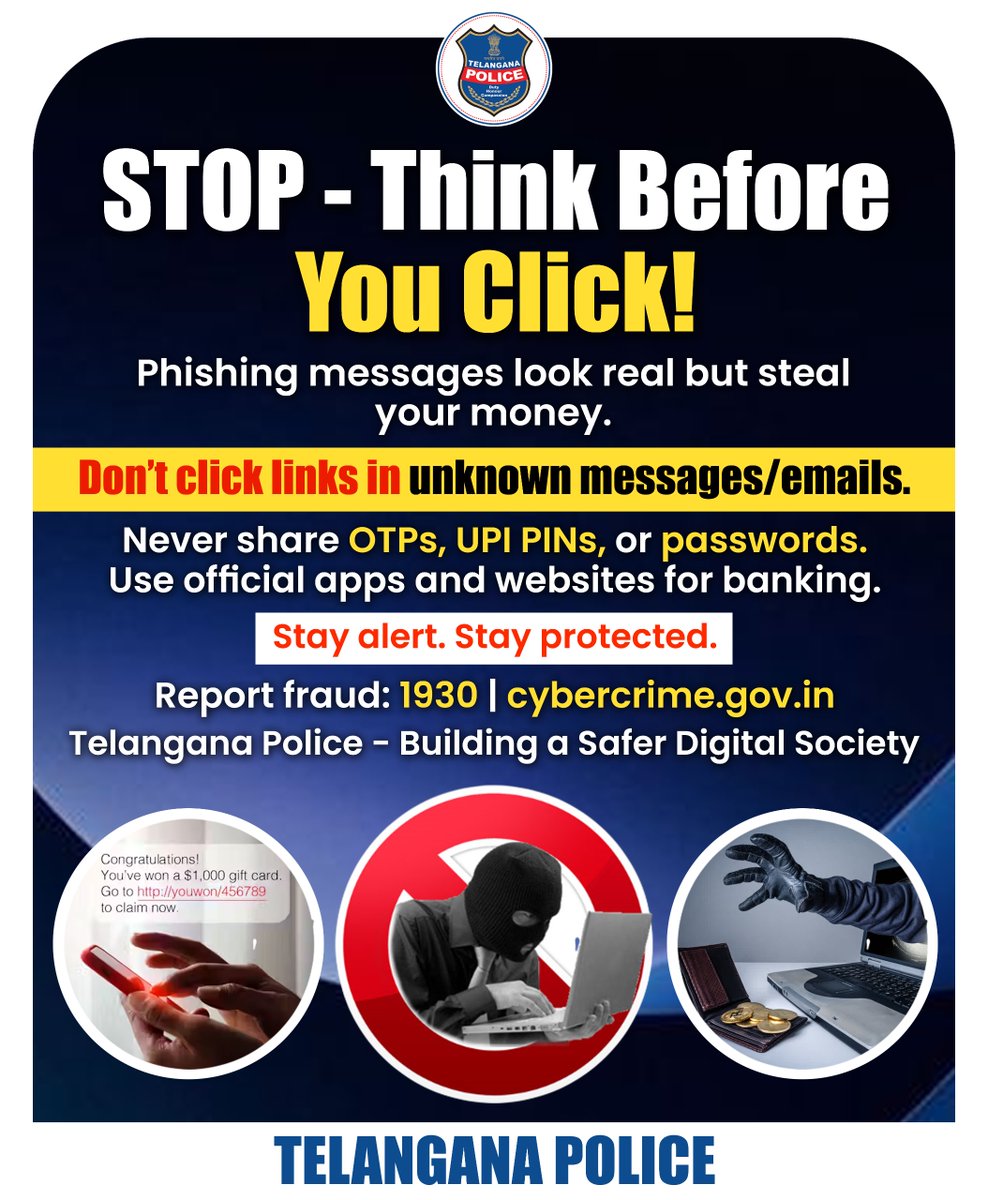 "Click this link" = Click to danger! Never share OTPs. Never click unknown links.

Stay safe from phishing!

#PhishingAlert #CyberSafeTelangana #TelanganaPolice